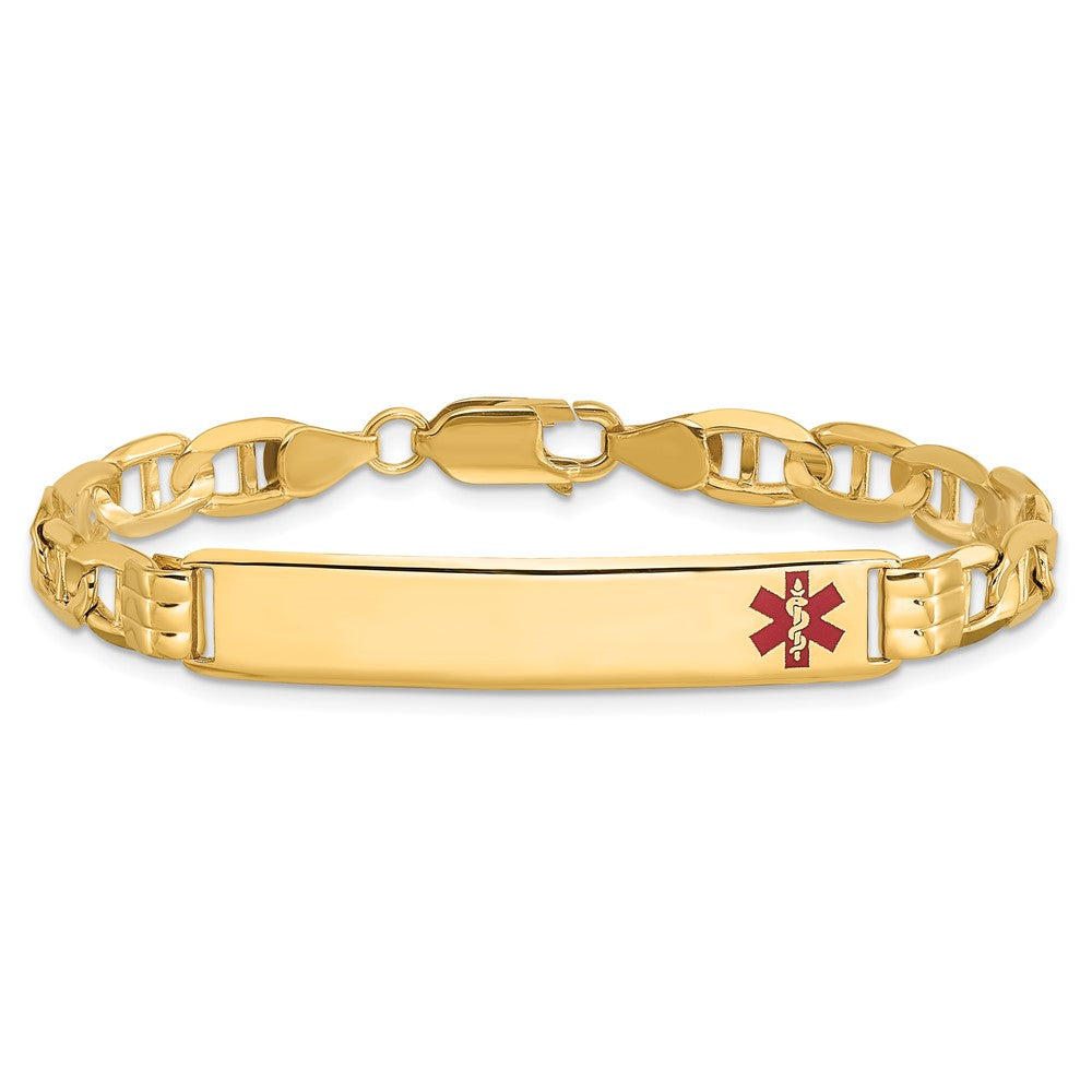 Solid 14K Yellow Gold Medical Red Enamel Anchor Link ID Bracelet