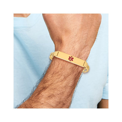 Solid 14K Yellow Gold Medical Red Enamel Flat Figaro Link ID Bracelet