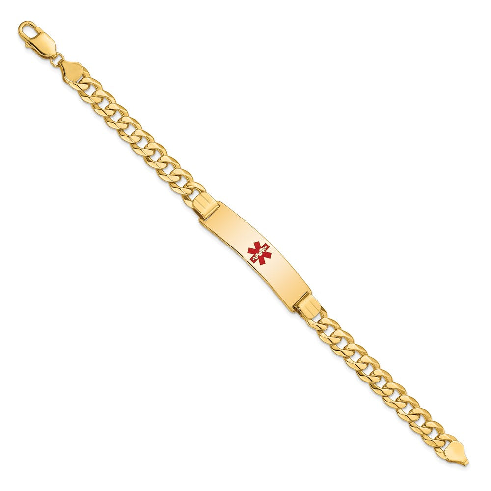Solid 14K Yellow Gold Medical Red Enamel Flat Curb Link ID Bracelet