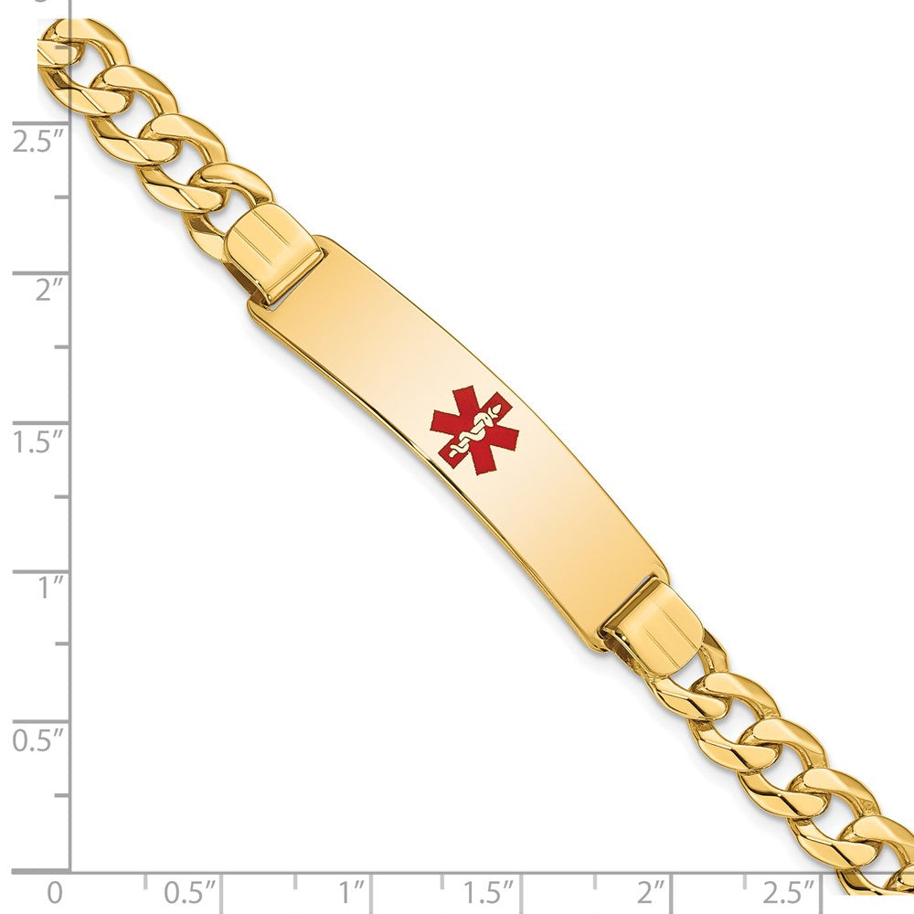 Solid 14K Yellow Gold Medical Red Enamel Flat Curb Link ID Bracelet