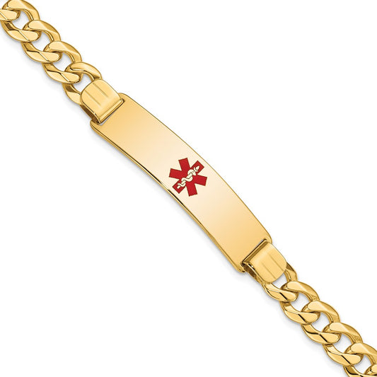 Solid 14K Yellow Gold Medical Red Enamel Flat Curb Link ID Bracelet