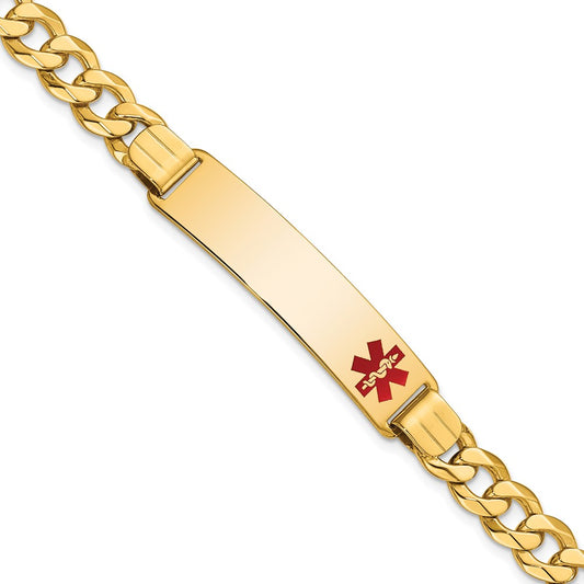 Solid 14K Yellow Gold Medical Red Enamel Flat Curb Link ID Bracelet