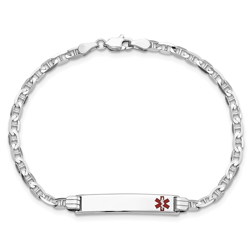 Solid 14K White Gold Medical Red Enamel Anchor Link ID Bracelet