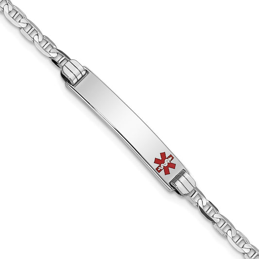 Solid 14K White Gold Medical Red Enamel Anchor Link ID Bracelet
