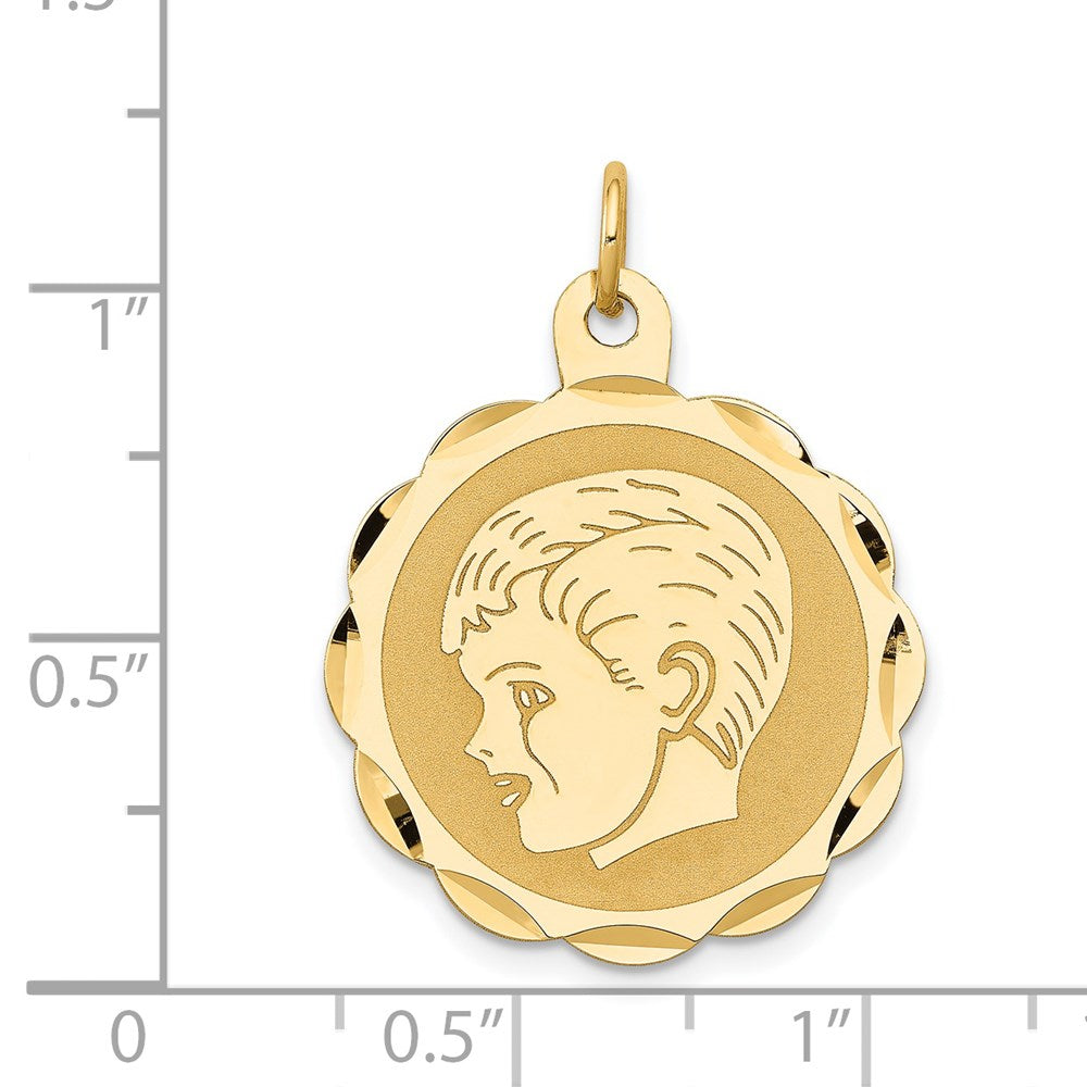 14k Yellow Gold Boy Head on .011 Gauge Engravable Scalloped Disc Charm