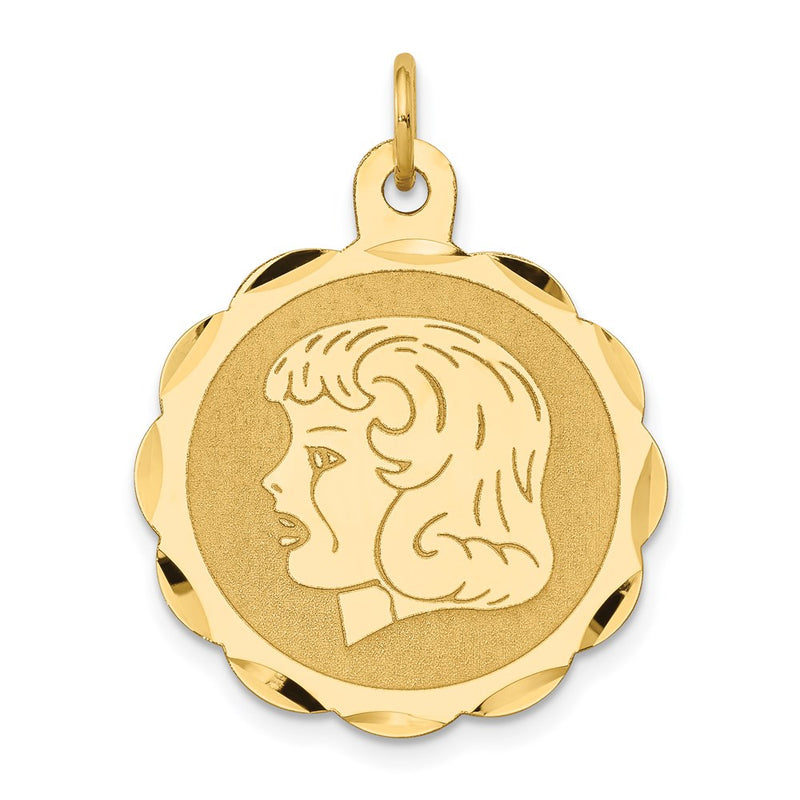 14k Yellow Gold Girl Head on .018 Gauge Engravable Scalloped Disc Charm