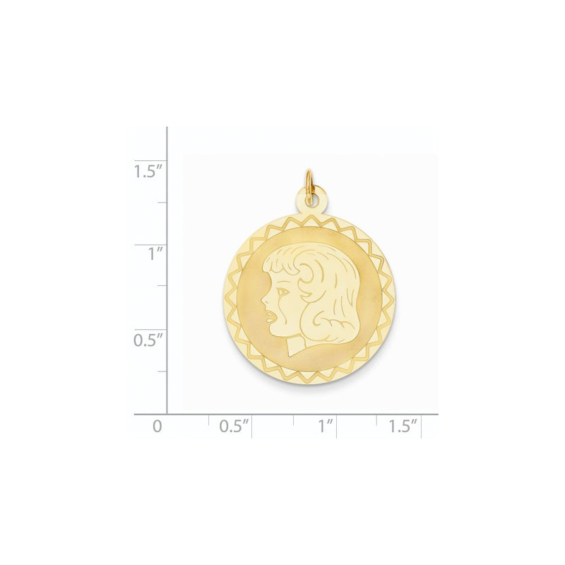 14k Yellow Gold Girl Head on .013 Gauge Engravable Scalloped Disc Charm