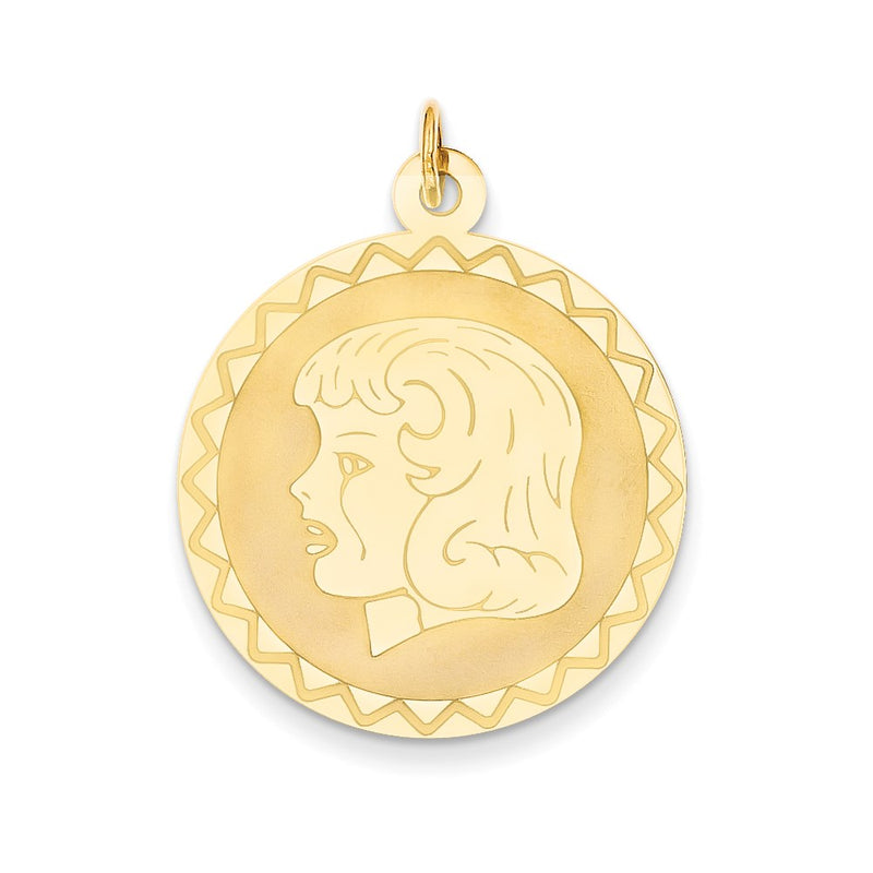 14k Yellow Gold Girl Head on .013 Gauge Engravable Scalloped Disc Charm