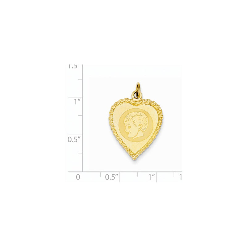 14k Yellow Gold Boy Head on .011 Gauge Engravable Pattern Heart with Rope Charm