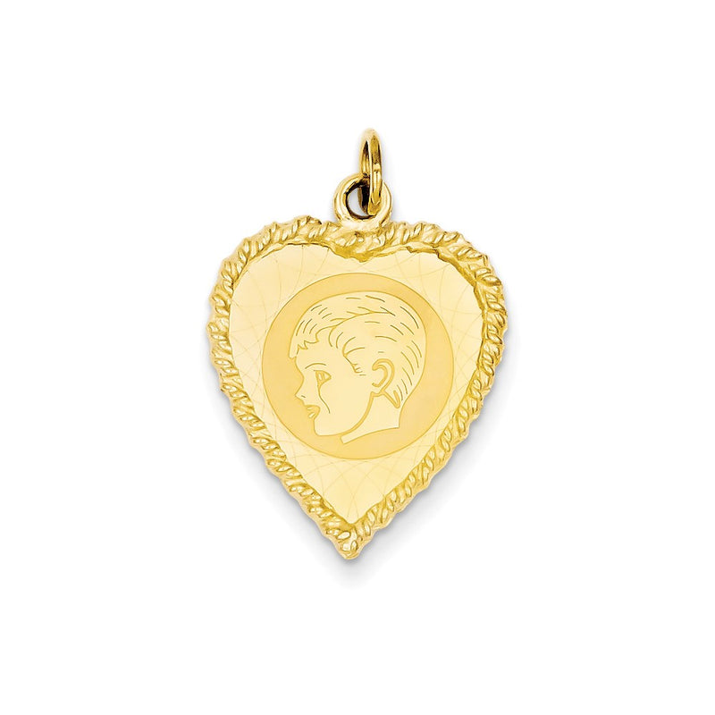 14k Yellow Gold Boy Head on .011 Gauge Engravable Pattern Heart with Rope Charm