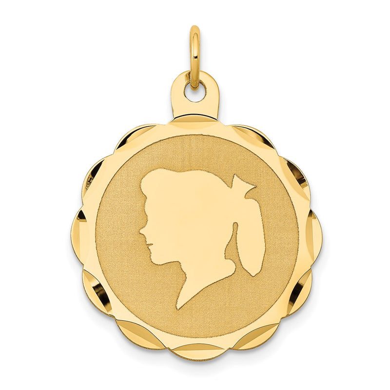 14k Yellow Gold Girl Head on Engravable Scalloped Disc Charm
