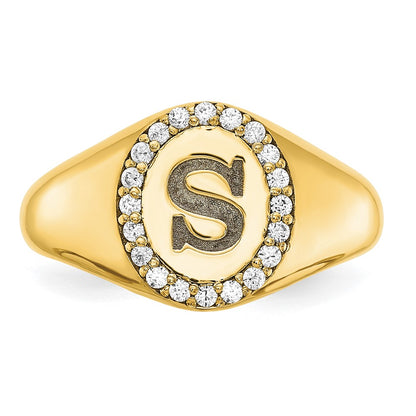 14K Yellow Gold Initial Oval with Real Diamond Classic Signet Ring