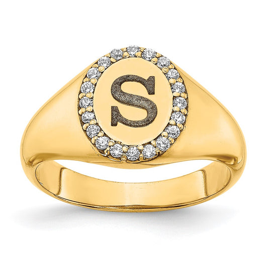 14K Yellow Gold Initial Oval with Real Diamond Classic Signet Ring