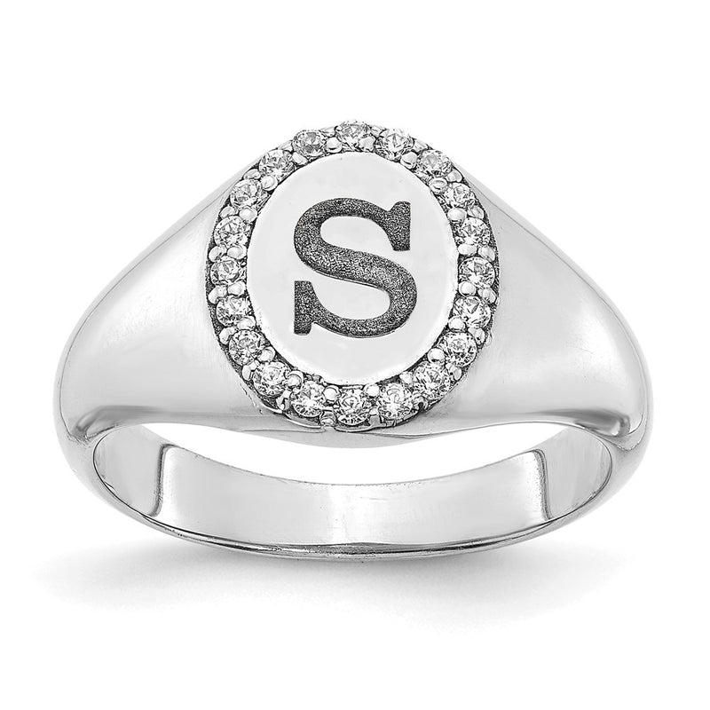 14K White Gold Initial Oval with Real Diamond Classic Signet Ring