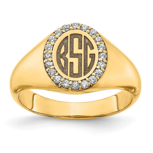 14K Yellow Gold Large Real Diamond Oval Classic Monogram Signet Ring
