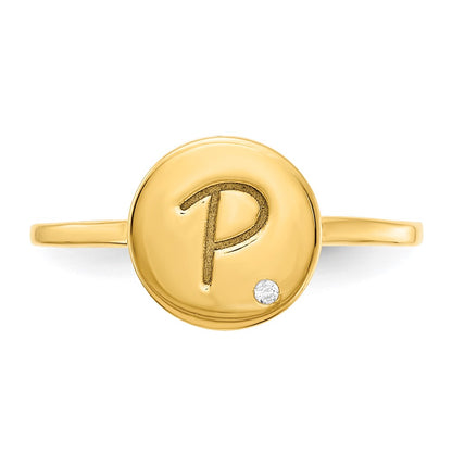 14K Yellow Gold Initial Circle with Real Diamond Signet Ring