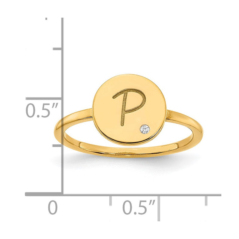 14K Yellow Gold Initial Circle with Real Diamond Signet Ring