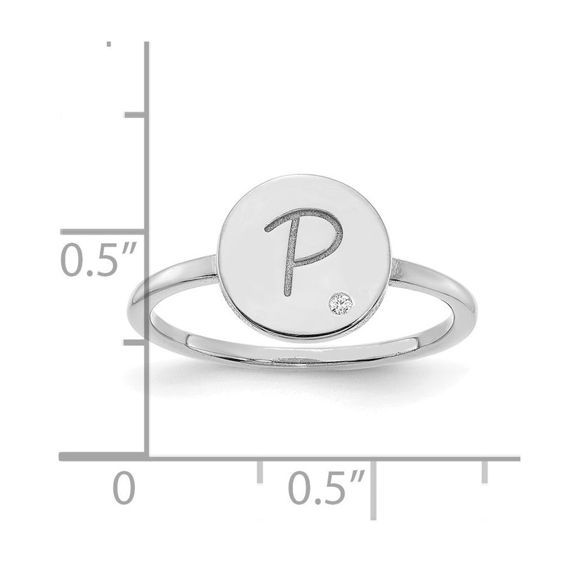 14K White Gold Initial Circle with Real Diamond Signet Ring