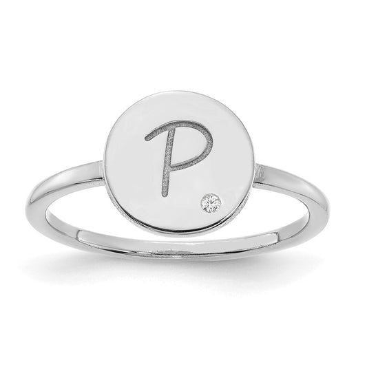 14K White Gold Initial Circle with Real Diamond Signet Ring