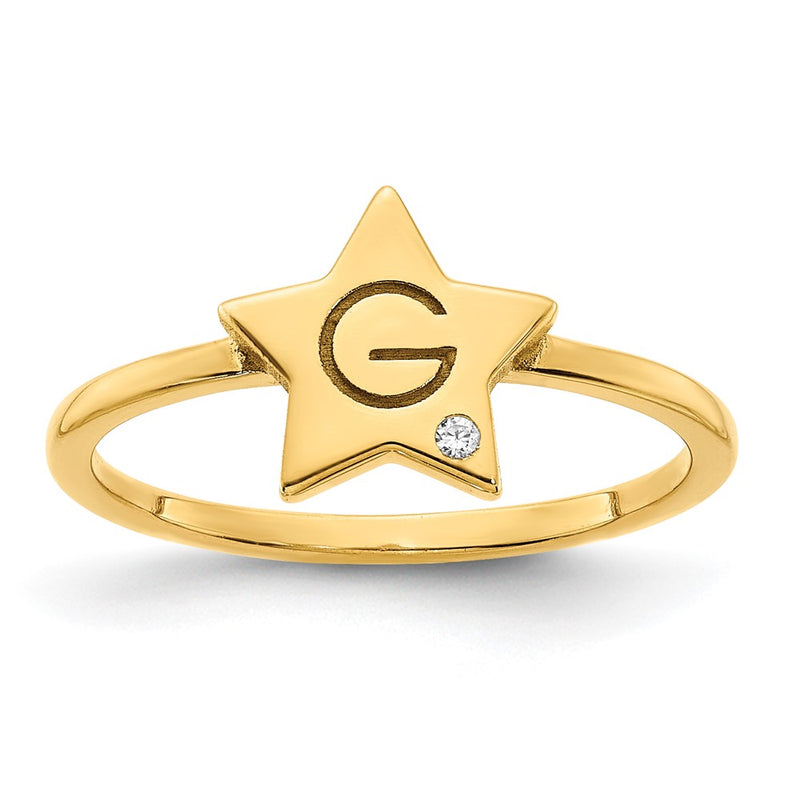 14K Yellow Gold Initial Star with Real Diamond Signet Ring