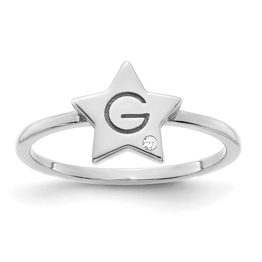 14K White Gold Initial Star with Real Diamond Signet Ring