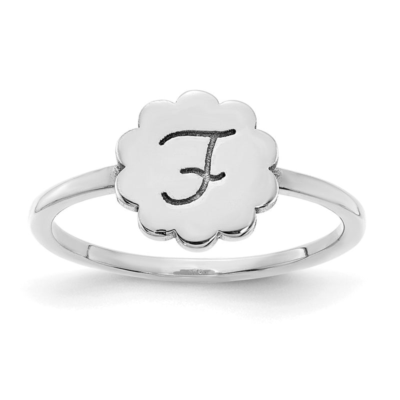 14K White Gold Initial Flower Signet Ring
