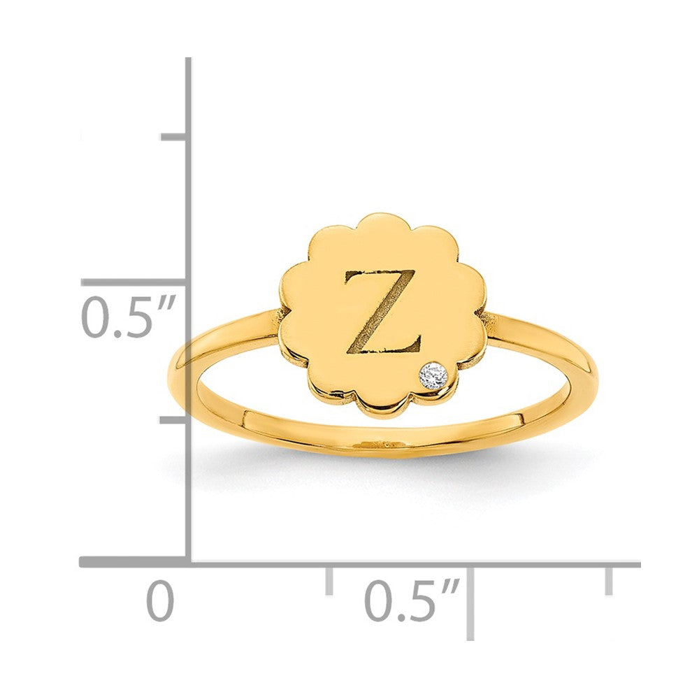 14K Yellow Gold Initial Flower with Real Diamond Signet Ring