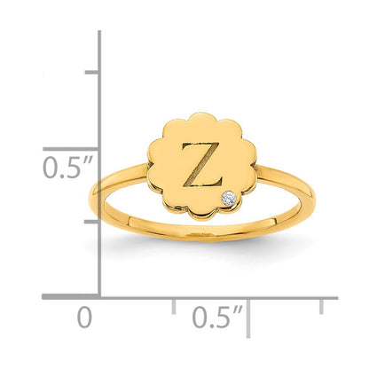 14K Yellow Gold Initial Flower with Real Diamond Signet Ring