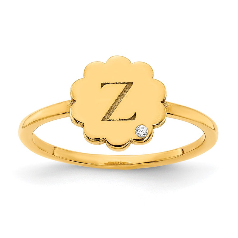 14K Yellow Gold Initial Flower with Real Diamond Signet Ring