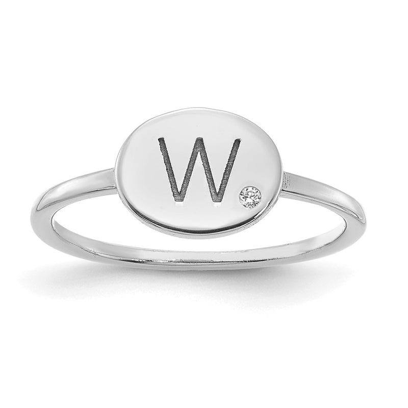 14K White Gold Initial Oval with Real Diamond Signet Ring