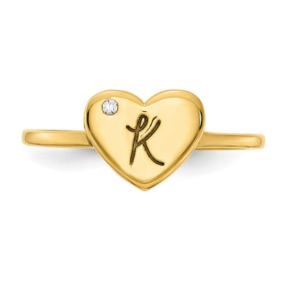 14K Yellow Gold Initial Heart with Real Diamond Signet Ring