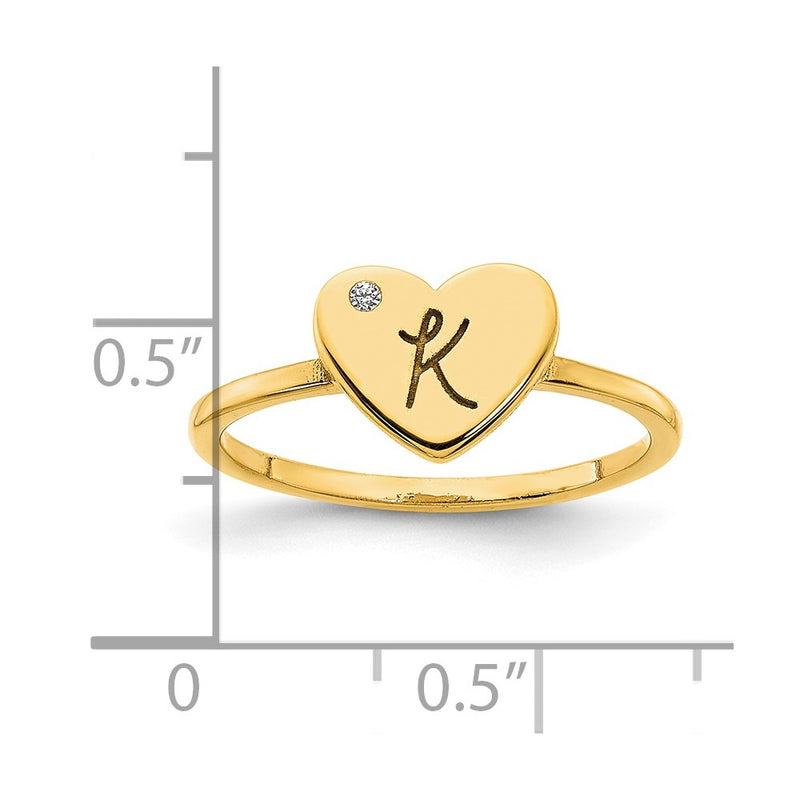 14K Yellow Gold Initial Heart with Real Diamond Signet Ring