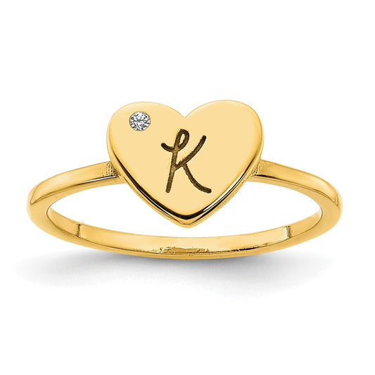 14K Yellow Gold Initial Heart with Real Diamond Signet Ring