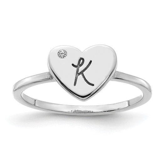 14K White Gold Initial Heart with Real Diamond Signet Ring