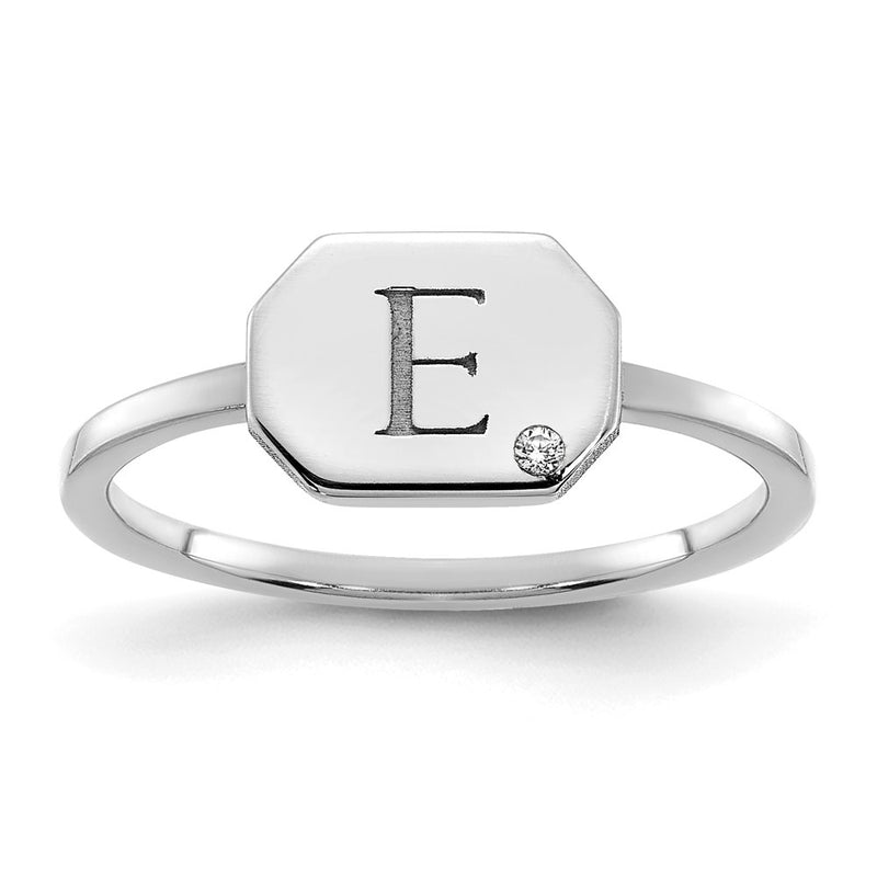 14K White Gold Initial Octagon with Real Diamond Signet Ring