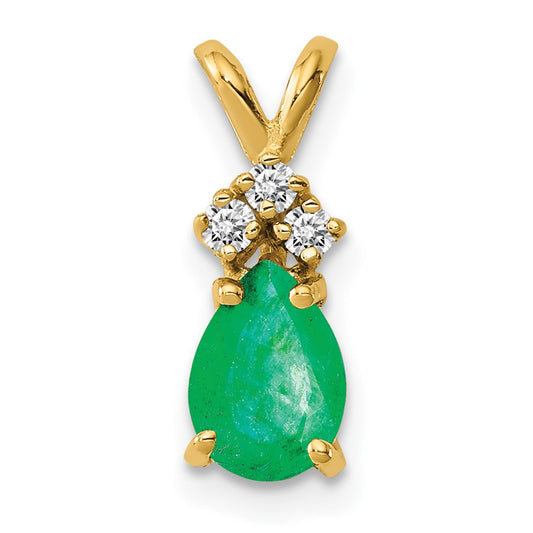 14K Yellow Gold 7x5mm Pear Emerald AAA Real Diamond pendant