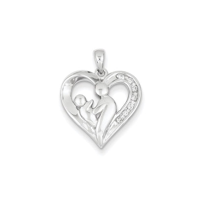 14k White Gold Mother & Baby Real Diamond Heart Pendant