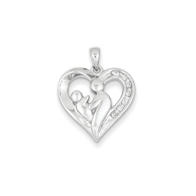 14k White Gold Mother & Baby Real Diamond Heart Pendant
