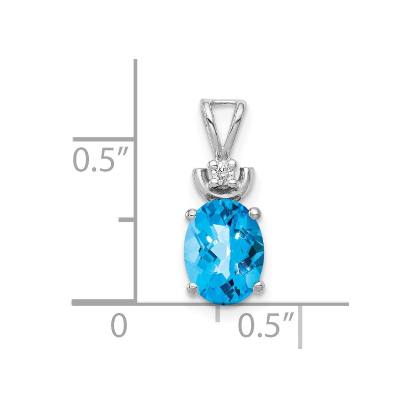 14k White Gold 8x6mm Oval Blue Topaz Checker AA Diamond Pendant