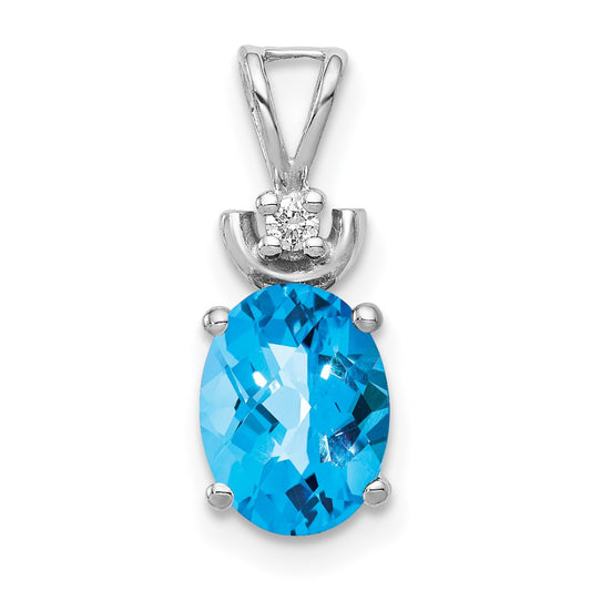 14k White Gold 8x6mm Oval Blue Topaz Checker A Diamond Pendant