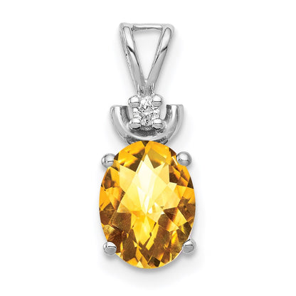 14k White Gold 8x6mm Oval Citrine Checker VS Diamond Pendant