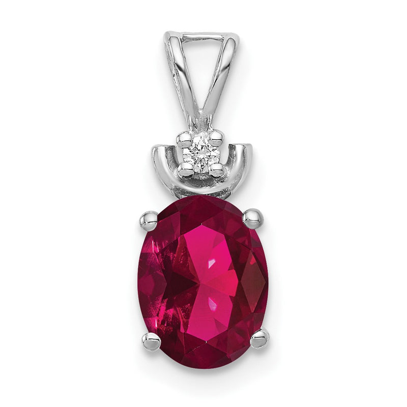14k White Gold 8x6mm Oval Created Ruby AA Real Diamond Pendant