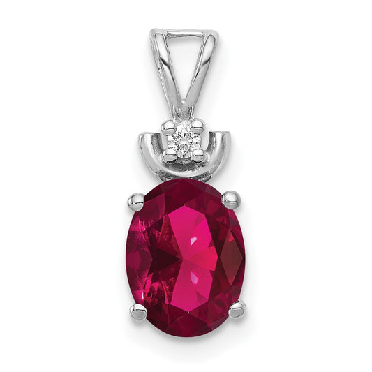 14k White Gold 8x6mm Oval Created Ruby Natural Diamond Pendant
