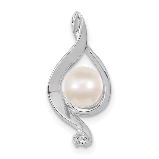 14k White Gold 5.5mm Round Freshwater Cultured Pearl AA Real Diamond Pendant