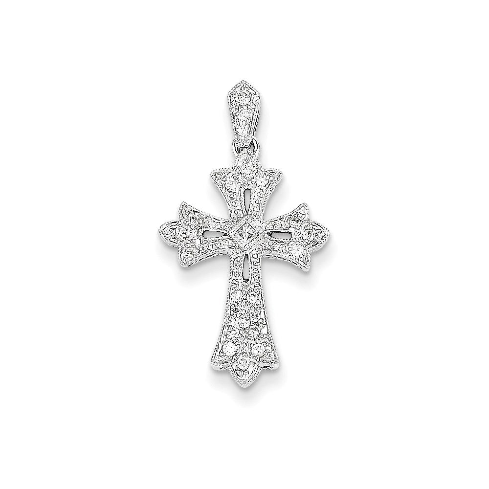 14k White Gold Fleur De Lis Real Diamond Cross Pendant