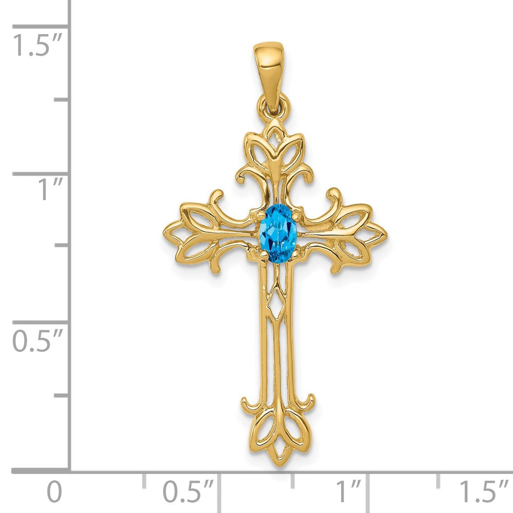 14k 5x3mm Oval Blue Topaz cross Pendant