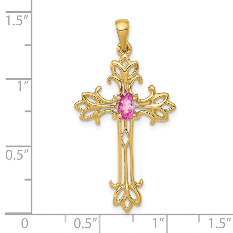 14k 5x3mm Oval Pink Sapphire cross Pendant