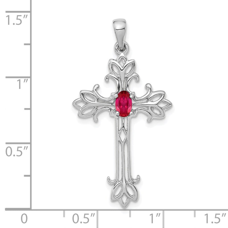 14k White Gold 5x3mm Oval Ruby cross Pendant