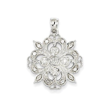 14k White Gold Filigree Real Diamond Pendant