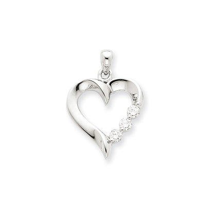 14k White Gold Three Stone Real Diamond Heart Pendant